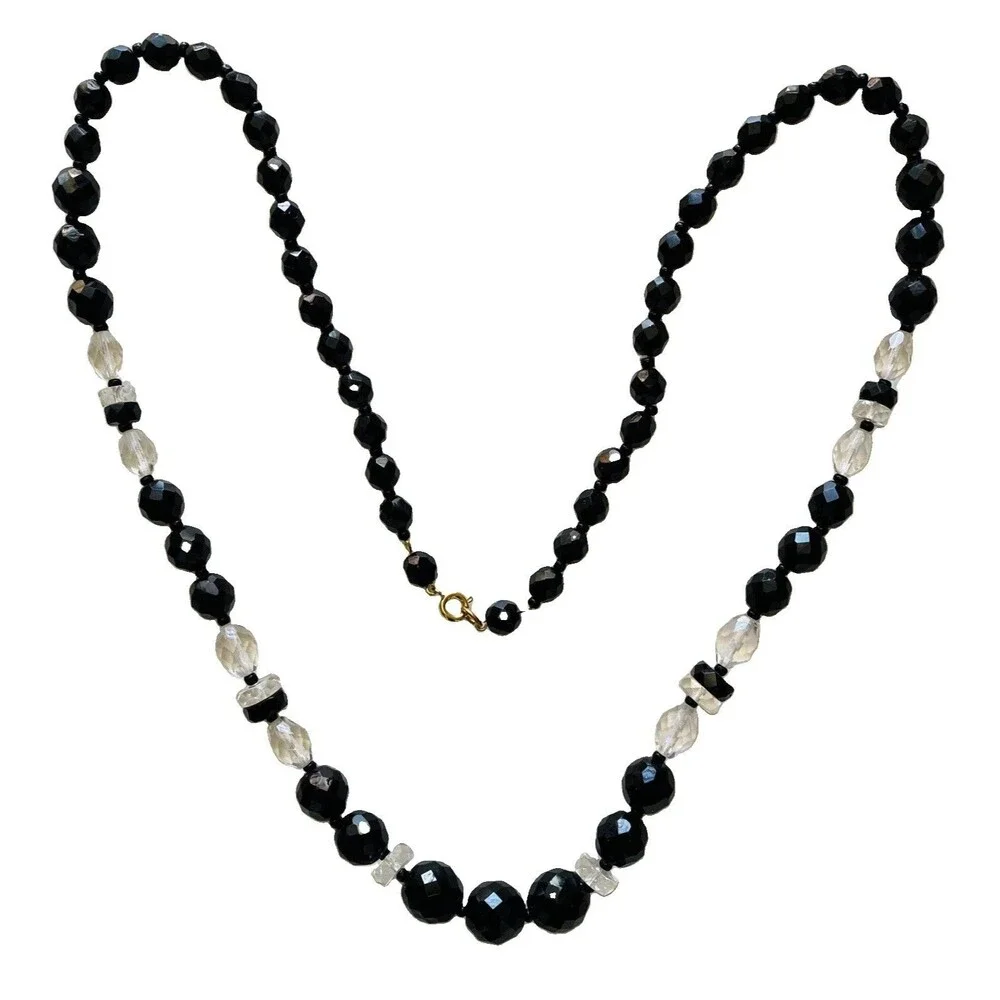 VTG  Estate French Jet & Cut Glass Bead Necklace 30 Inch Black & Clear Faceted
